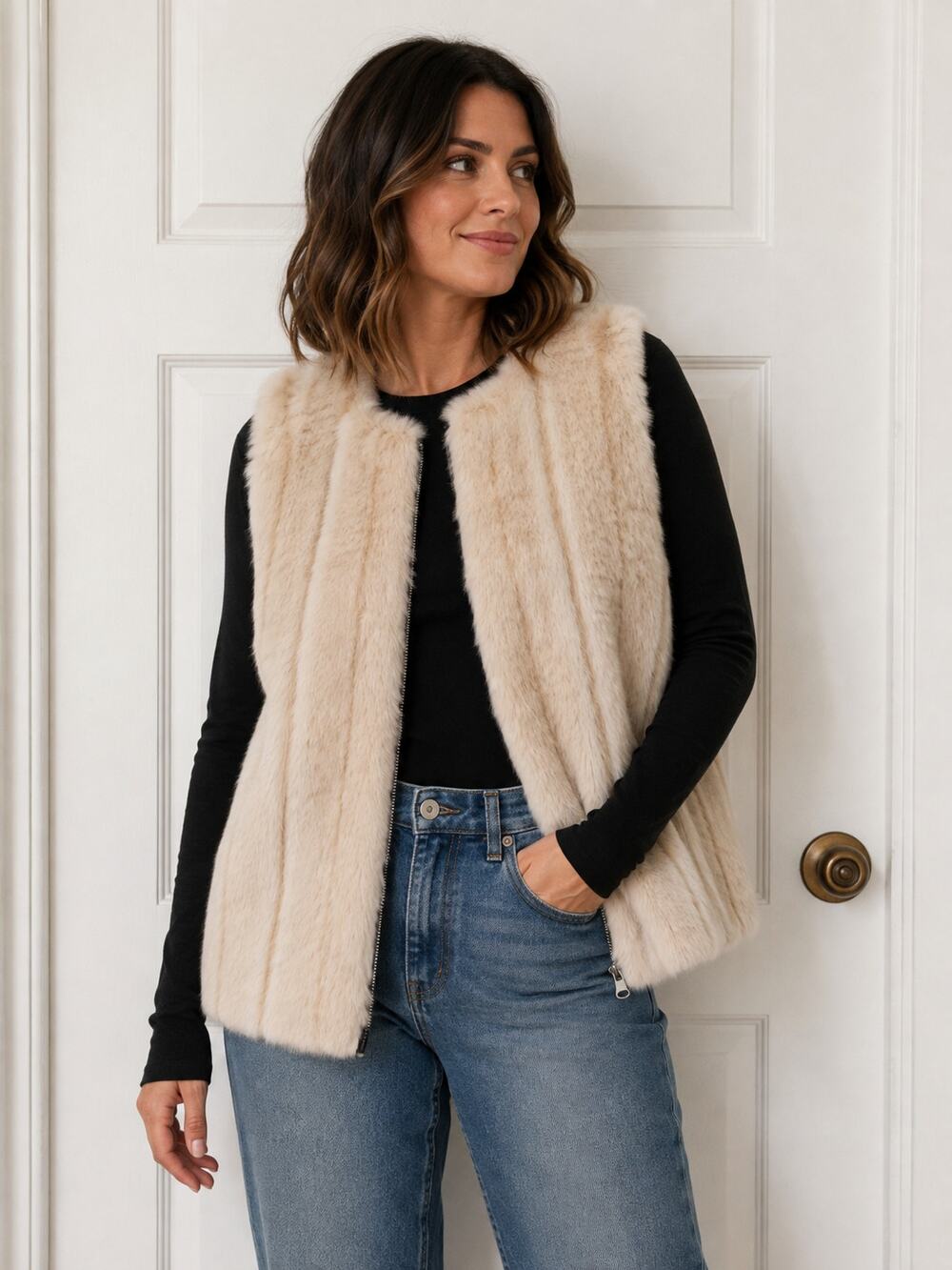 Jordan Cream Faux Fur Vest Ribbed Knit Back Minimalist Layering M ✨